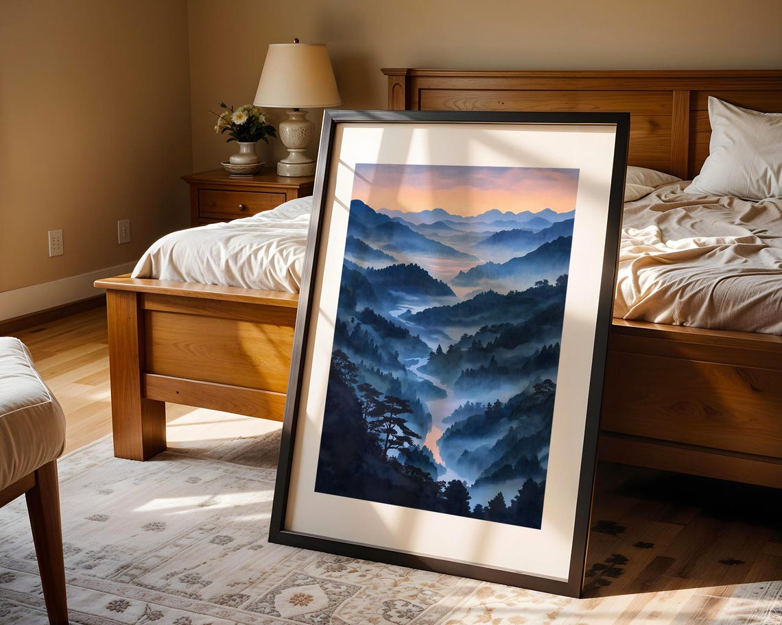 Misty Blue Mountain Valley Sunset River Landscape Nature Poster - Image 5