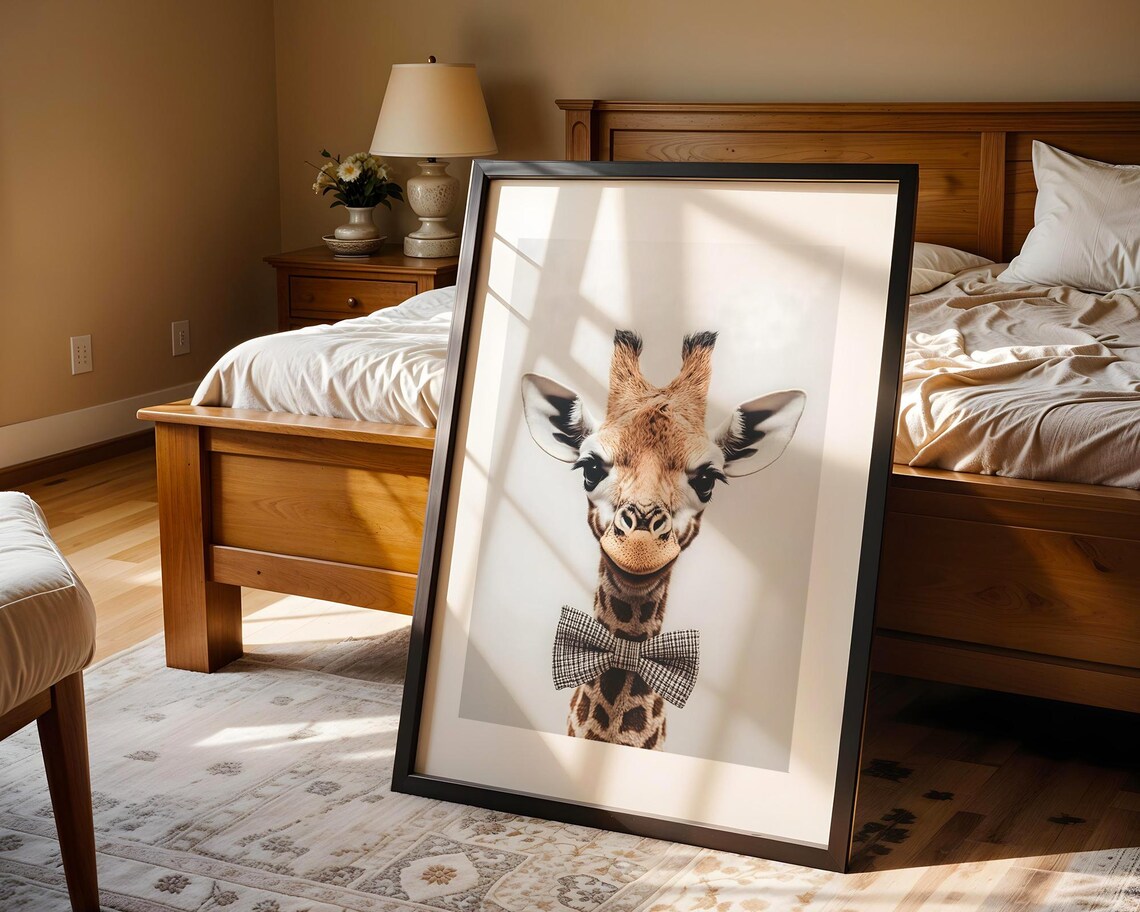 Baby Giraffe Plaid Bow Tie Cute Nursery Animal Portrait Art Poster - Image 5