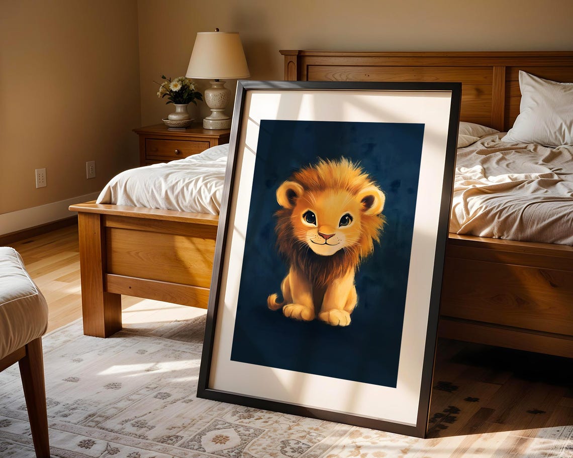 Adorable Baby Lion Cub Cute Cartoon Dark Teal Nursery Wall Art - Image 5