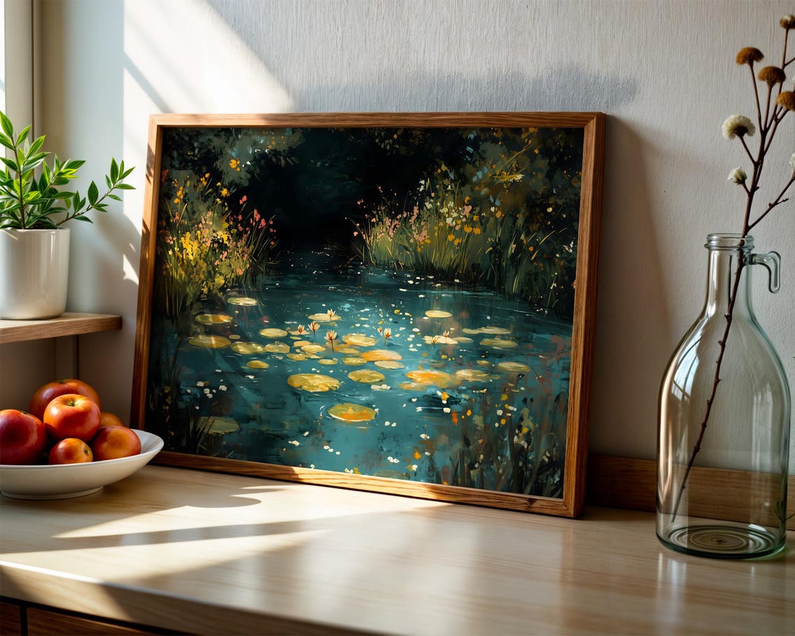 Dark Pond Water Lilies Impressionist Night Garden Floral Wall Art - Image 3