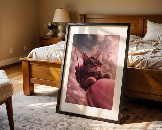 Whimsical Cat Aviator Riding Pink Hot Air Balloon Cloudy Sky Wall Art