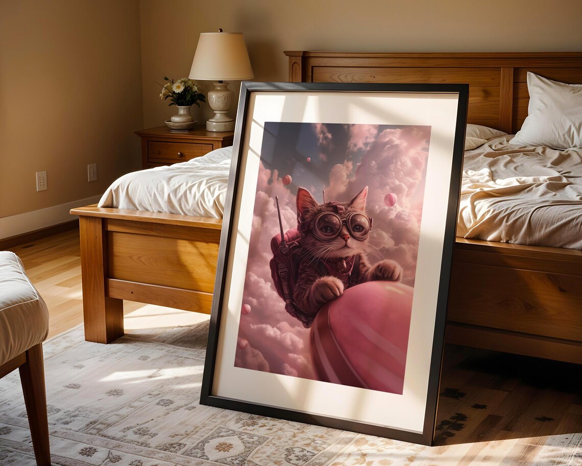 Whimsical Cat Aviator Riding Pink Hot Air Balloon Cloudy Sky Wall Art
