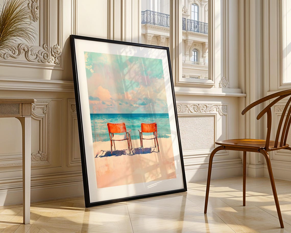 Two Orange Chairs Beach Scene Turquoise Ocean Watercolor Art Poster - Image 4