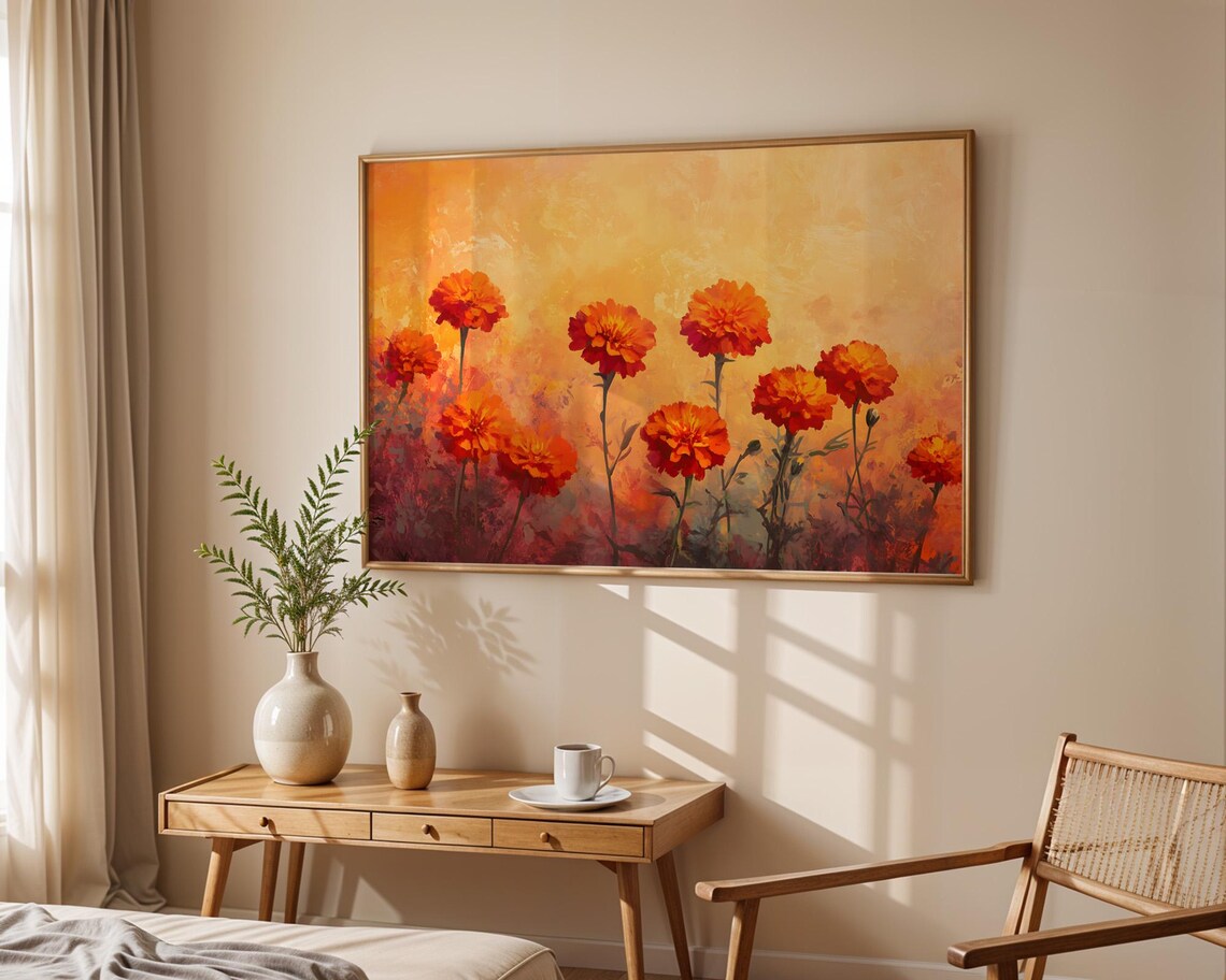 Burnt Orange Marigolds Golden Glow Textured Floral Oil Painting Poster - Image 5