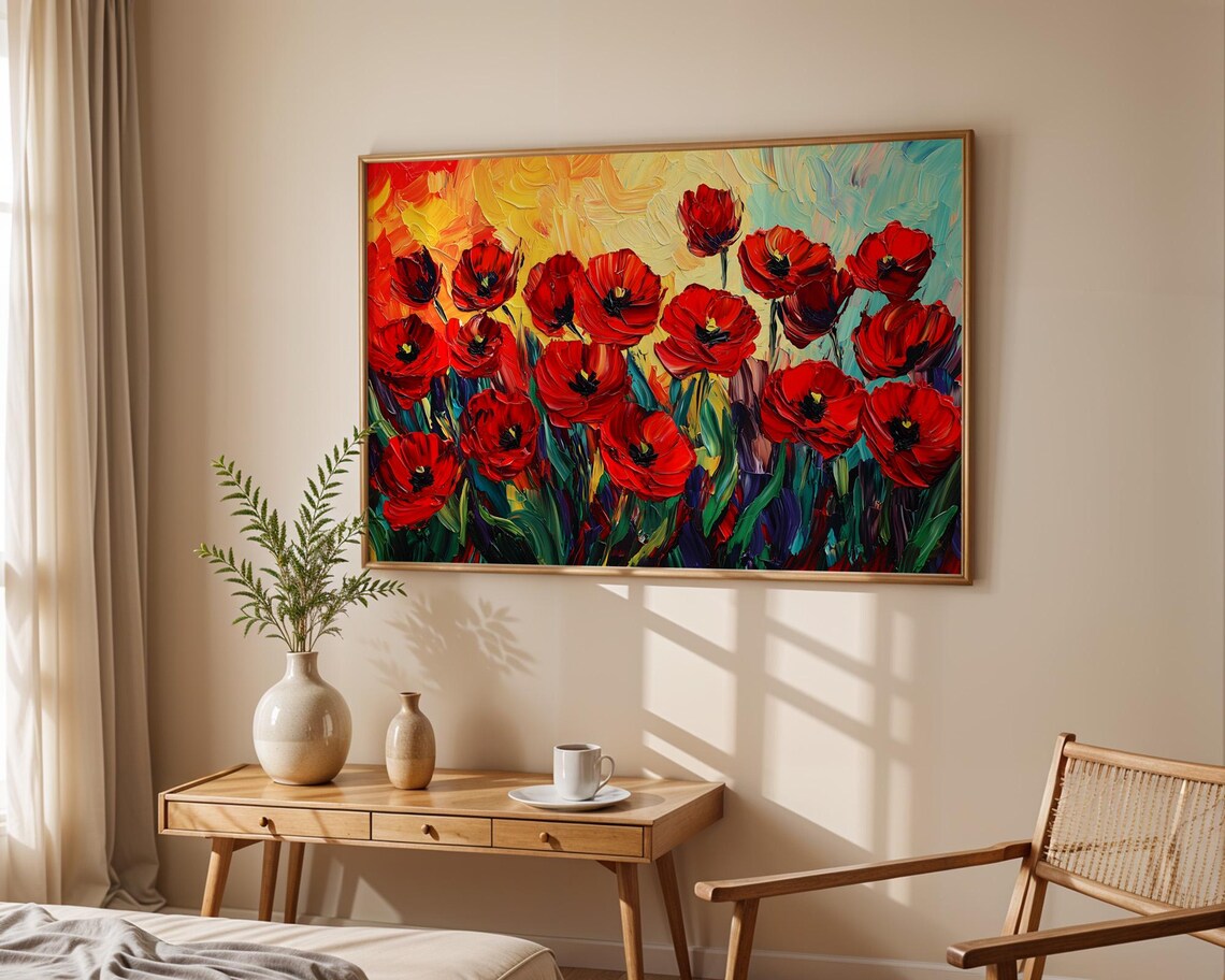 Red Poppies Impasto Oil Painting Bold Floral Field Artwork Poster