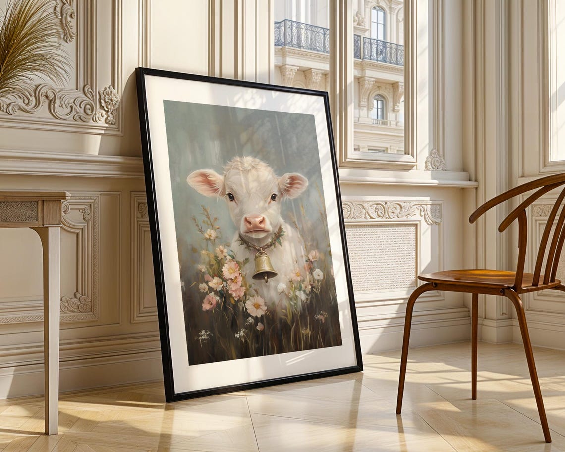 Floral Cute Baby Highland Cow Wall Art Print Farmhouse Nursery Animal Illustration Calf Bell Wildflowers Room Kids Playroom Decor Gift - Image 2