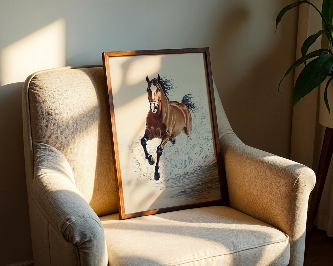 Running Horse Water Splash Brown Stallion Wildlife Painting Poster - Image 2