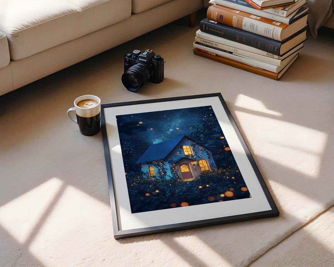 Cozy Cottage Under Starry Night Sky Fireflies Magical Fantasy Poster - Image 5