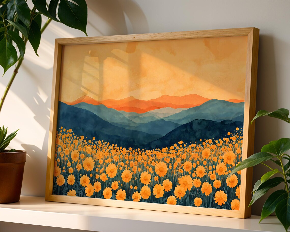 Orange Marigold Flower Field Blue Mountains Sunset Landscape Poster - Image 4
