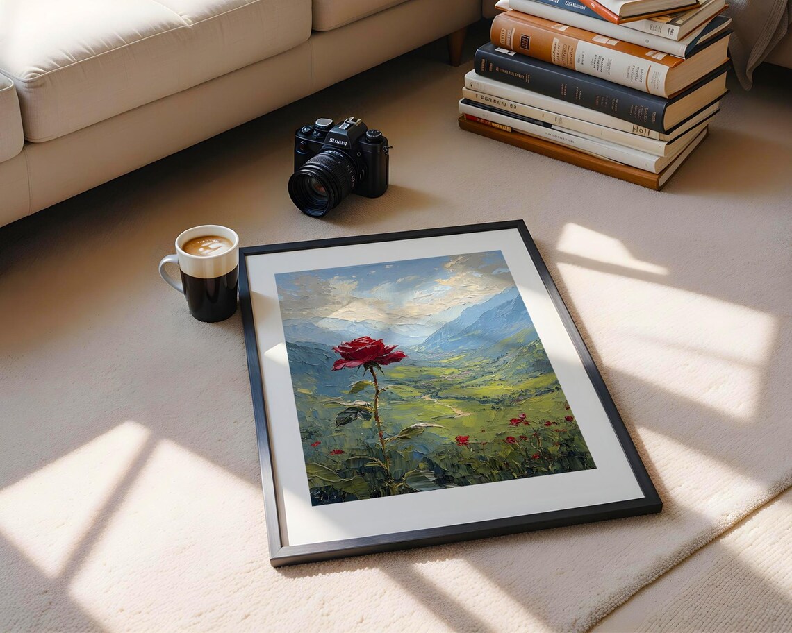 Single Red Rose Mountain Valley Oil Painting Landscape Art Poster - Image 5