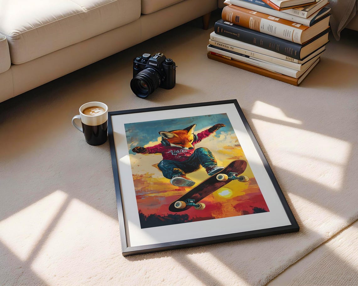 Skateboarding Fox Headphones Sunset Sky Warm Orange Skater Poster - Image 5