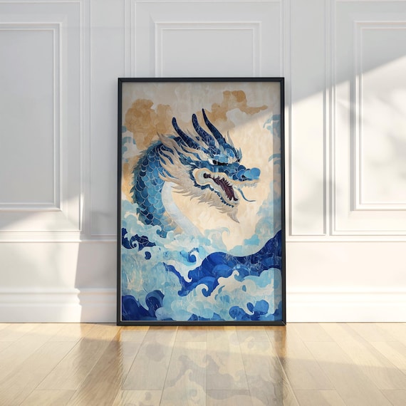 Blue Japanese Dragon Art Poster Rising from Swirling Ocean Waves