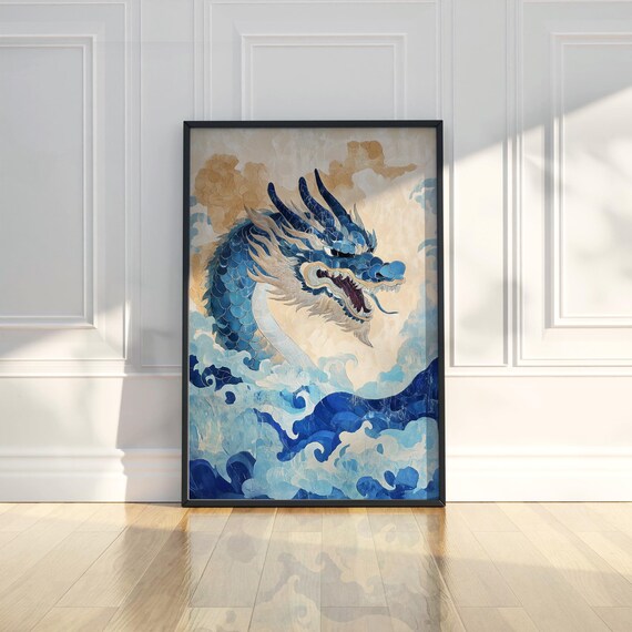 Powerful Asian Blue Dragon Wall Art Print Mythology Fantasy Modern Home Room Decor Traditional Gift For Him