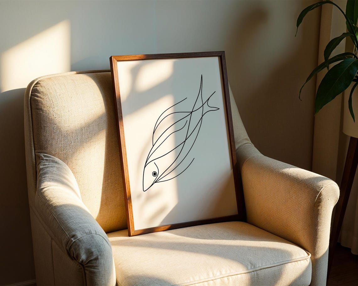 Graceful Minimalist Fish Line Art Continuous Ocean Sketch Poster - Image 2