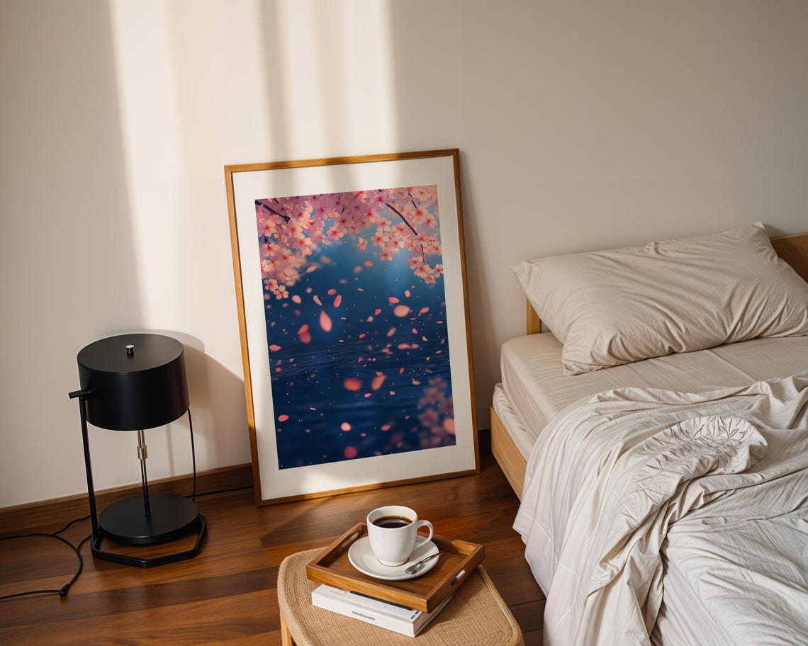 Japanese Cherry Blossom Petals Falling Over Deep Blue Water Poster - Image 2