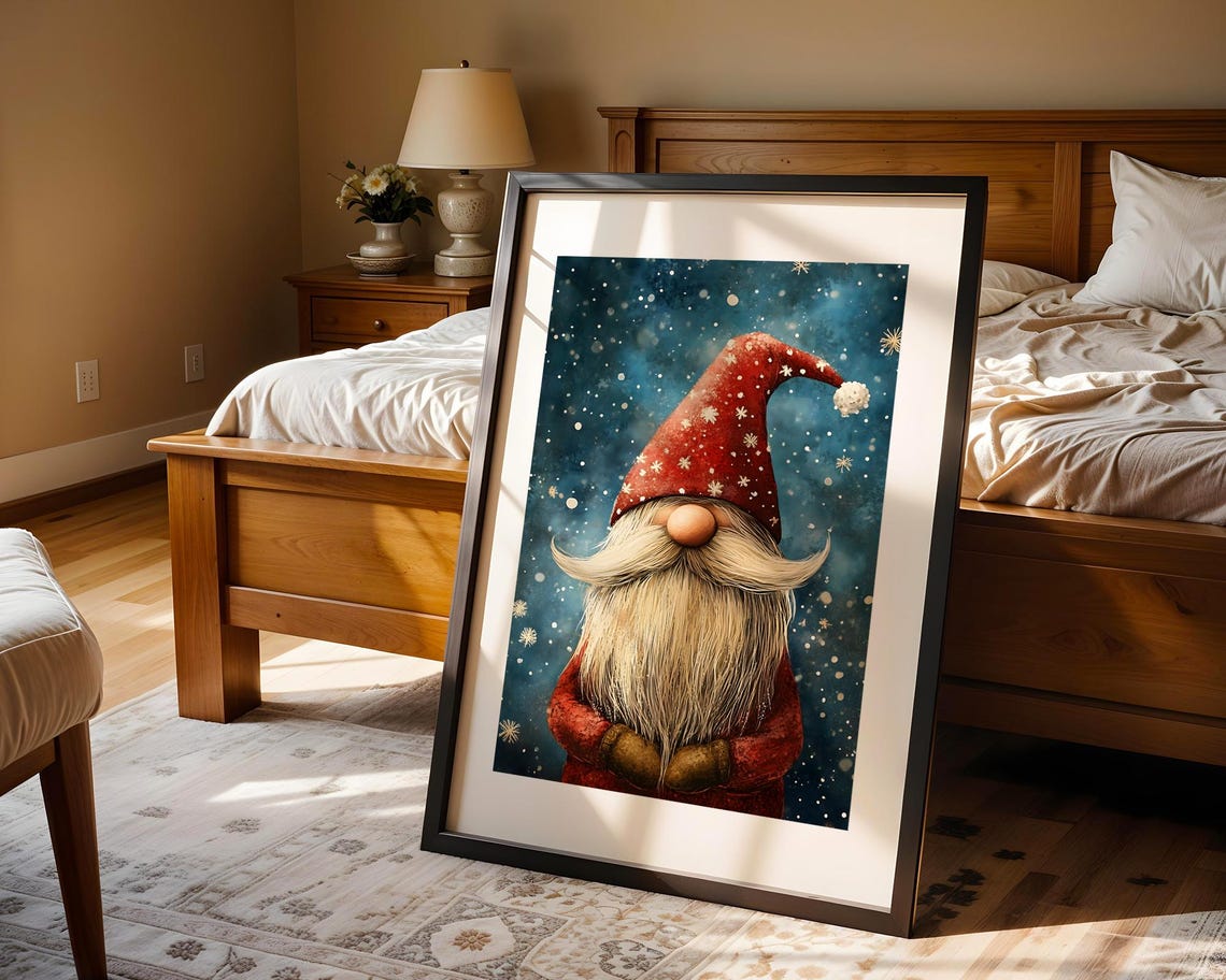 Festive Christmas Gnome In Red Hat Amid Falling Snowflakes Poster - Image 3