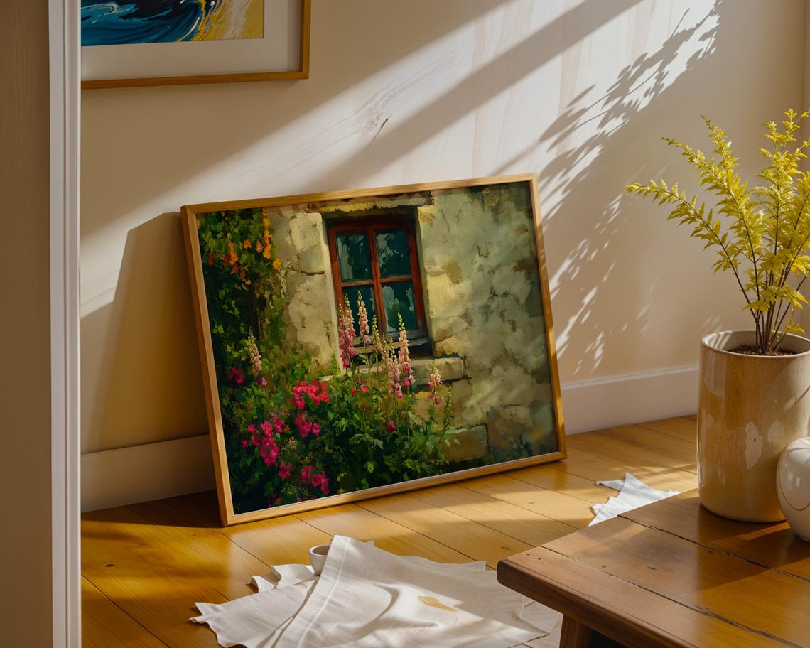 Stone Cottage Window Snapdragons Flowers Impressionist Poster - Image 3