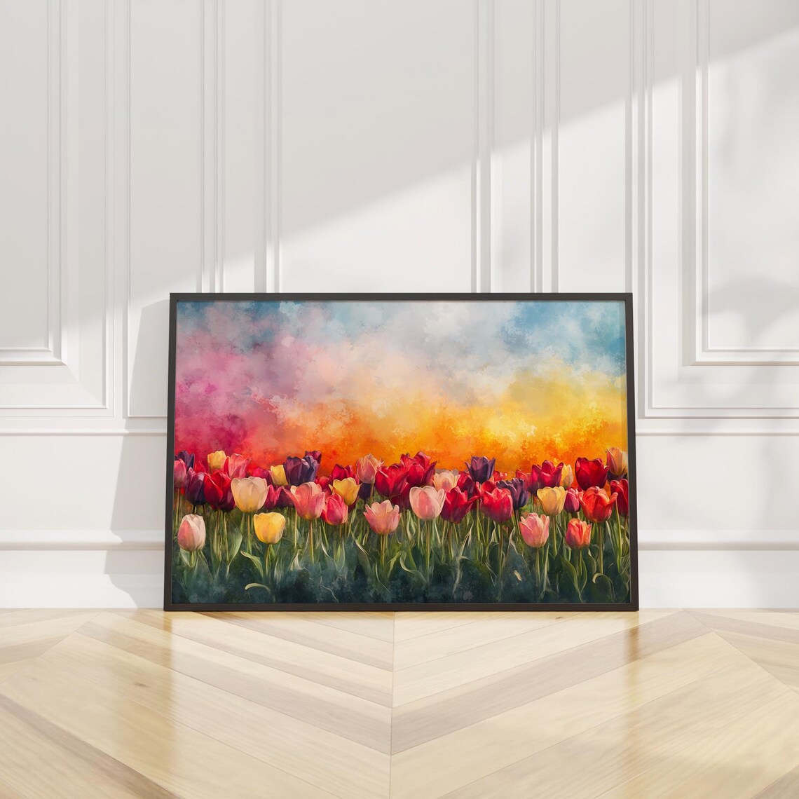 Colorful Tulip Field Rows Fiery Sunset Sky Watercolor Art Poster