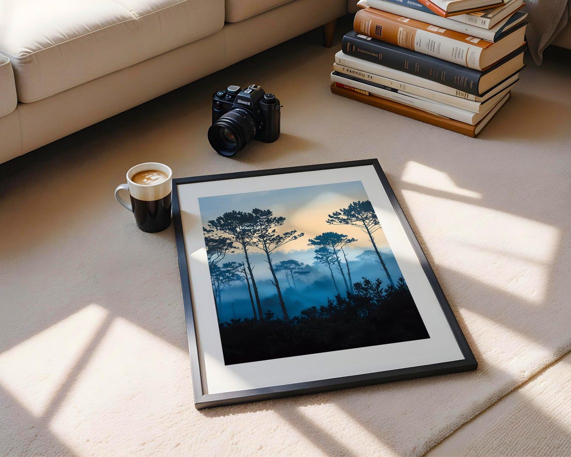 Blue Pine Forest Morning Mist Silhouette Trees Landscape Print - Image 5