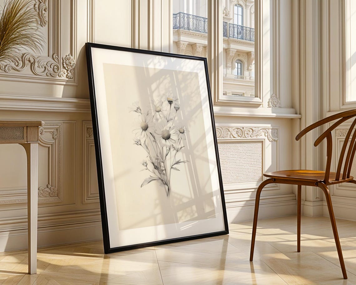 Daisy Bouquet Botanical Pencil Sketch Monochrome Flower Poster - Image 3