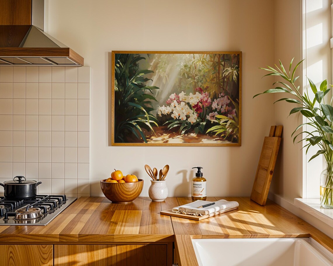Sunlit Orchid Garden Tropical Flower Painting Landscape Poster - Image 3