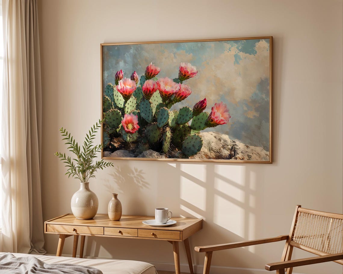 Blooming Prickly Pear Cactus Pink Blossom Desert Flower Art Poster
