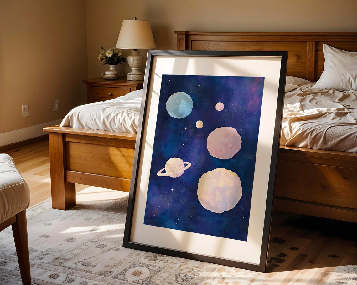 Dark Blue Abstract Nursery Space Wall Art Print Planets Stars Celestial Kids Playroom Decor Outer Fine Gift For Baby Boy Girl - Image 4