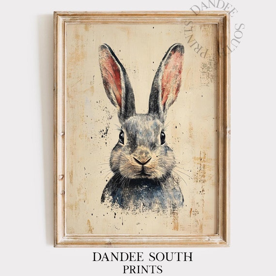 Vintage Bunny Wall Art Painting Country Farmhouse Rustic Spring Rabbit Decor Easter 047