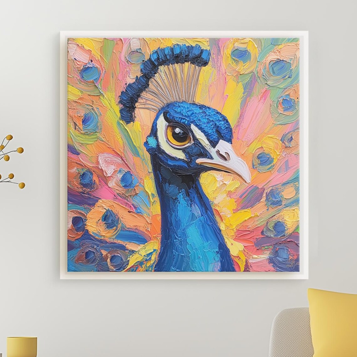 Vibrant Peacock Canvas Wall Art Bold Abstract Expressionist Bird Painting Colorful Statement Piece For Eclectic Or Boho Living Room