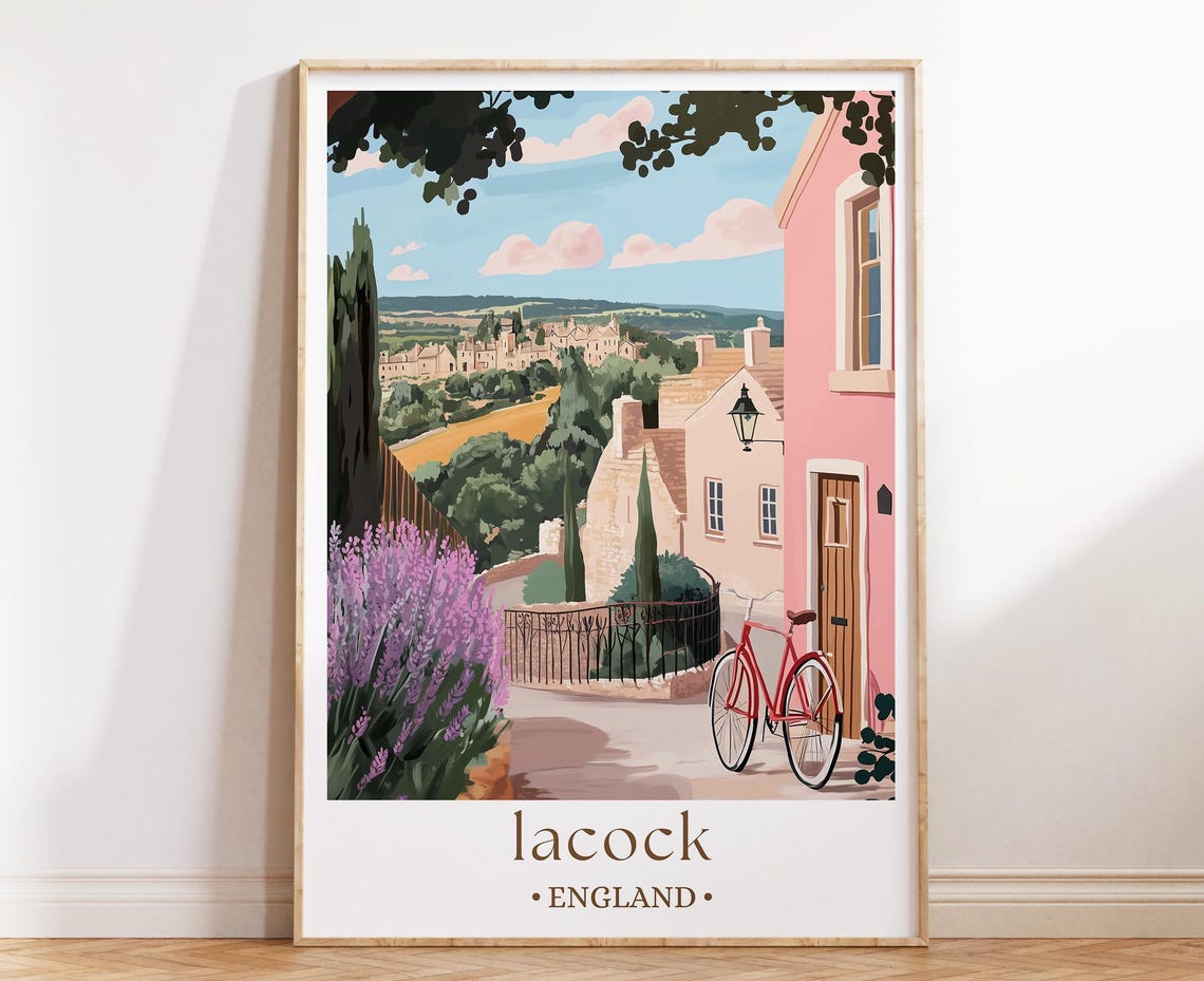 Lacock England Poster Pink Cottage Red Bicycle Lavender Village View