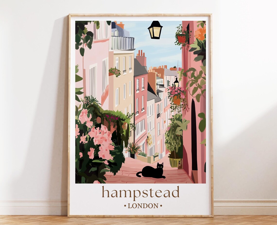 Hampstead London Poster Pink Lane Black Cat Flowers Village Street