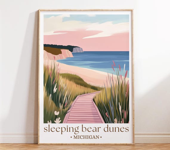 Sleeping Bear Dunes Michigan Travel Poster Lakeside Landscape Art Great Lakes Print Nature Escape Decor Gift