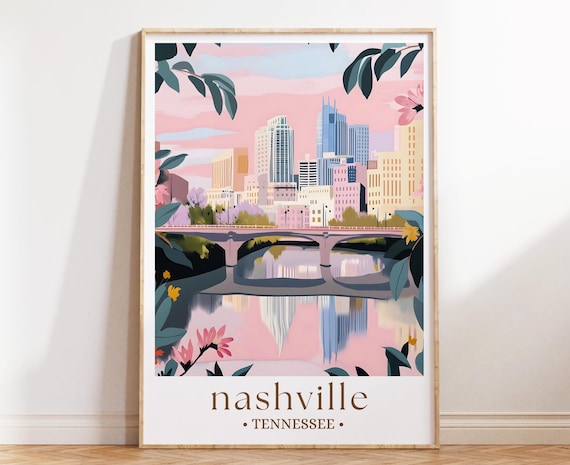 Nashville Tennessee Downtown Skyline River Bridge Sunset Poster