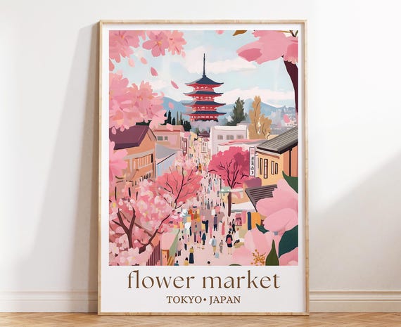 Tokyo Flower Market Art Print Japanese Floral Poster Colorful Street Wall Decor Asian City Illustration