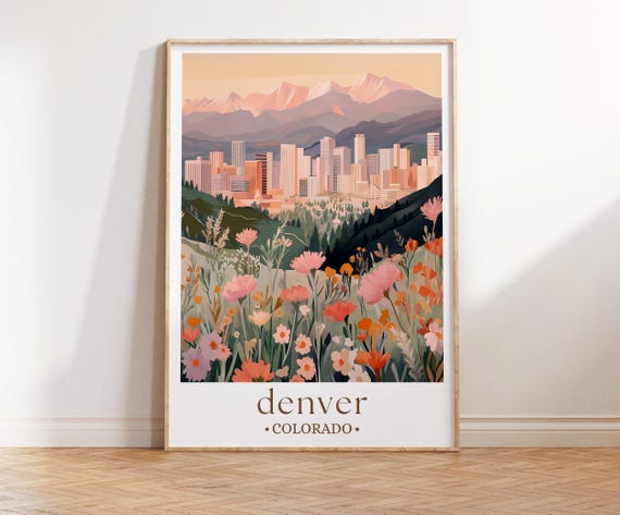 Denver Colorado Travel Poster, Mid-Century Modern Cityscape