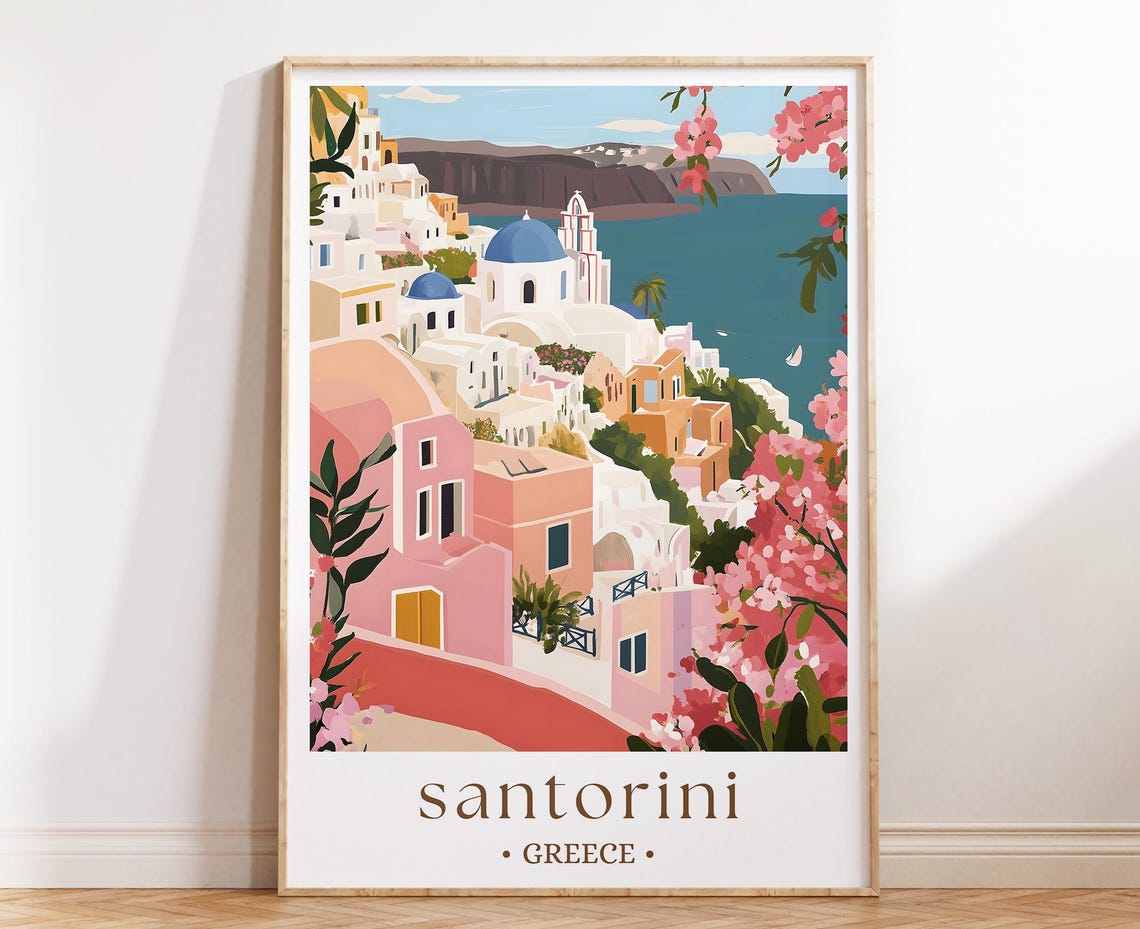 Santorini Greece Blue Domes Cliffside Village Caldera Poster