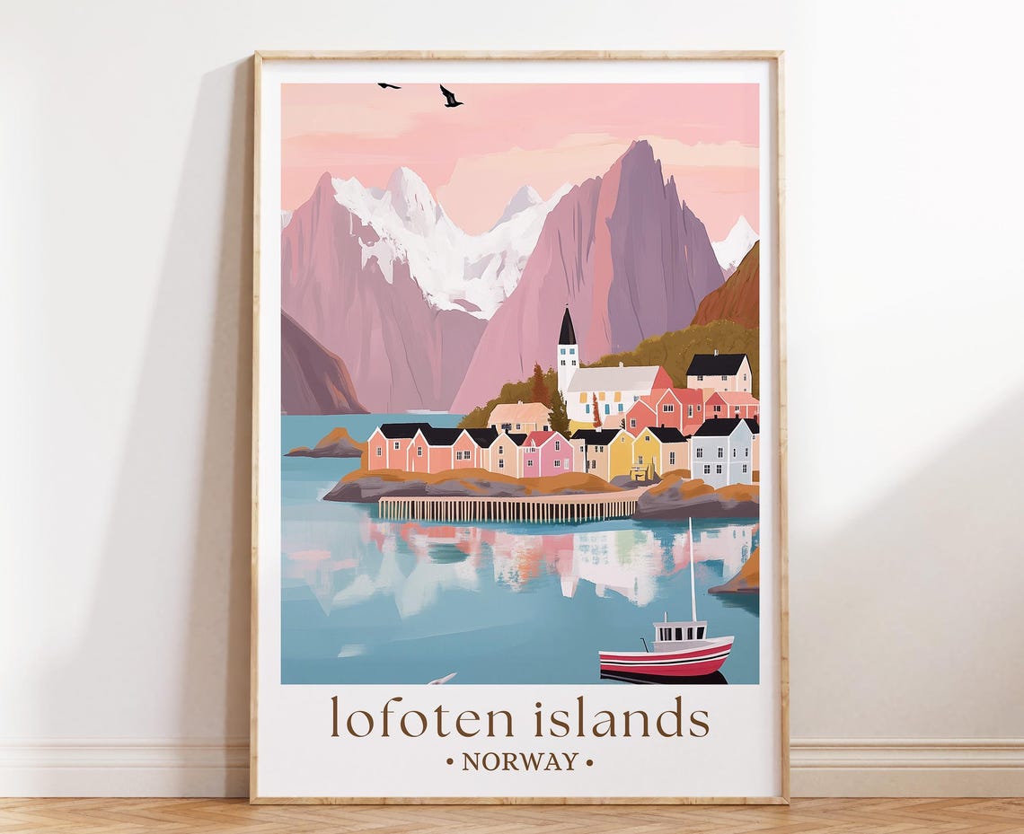 Lofoten Islands Norway Pink Peaks Fishing Village Travel Poster