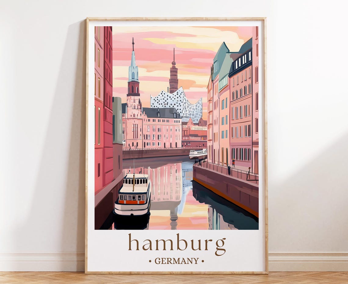 Hamburg Germany Harbor Canal Sunset Skyline Landmarks Poster