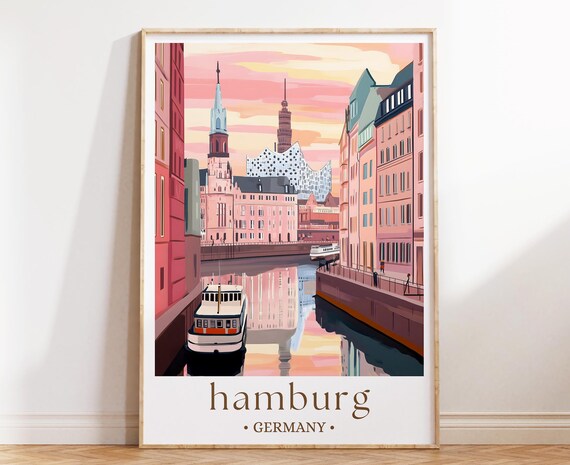 Hamburg Germany Harbor Canal Sunset Skyline Landmarks Poster