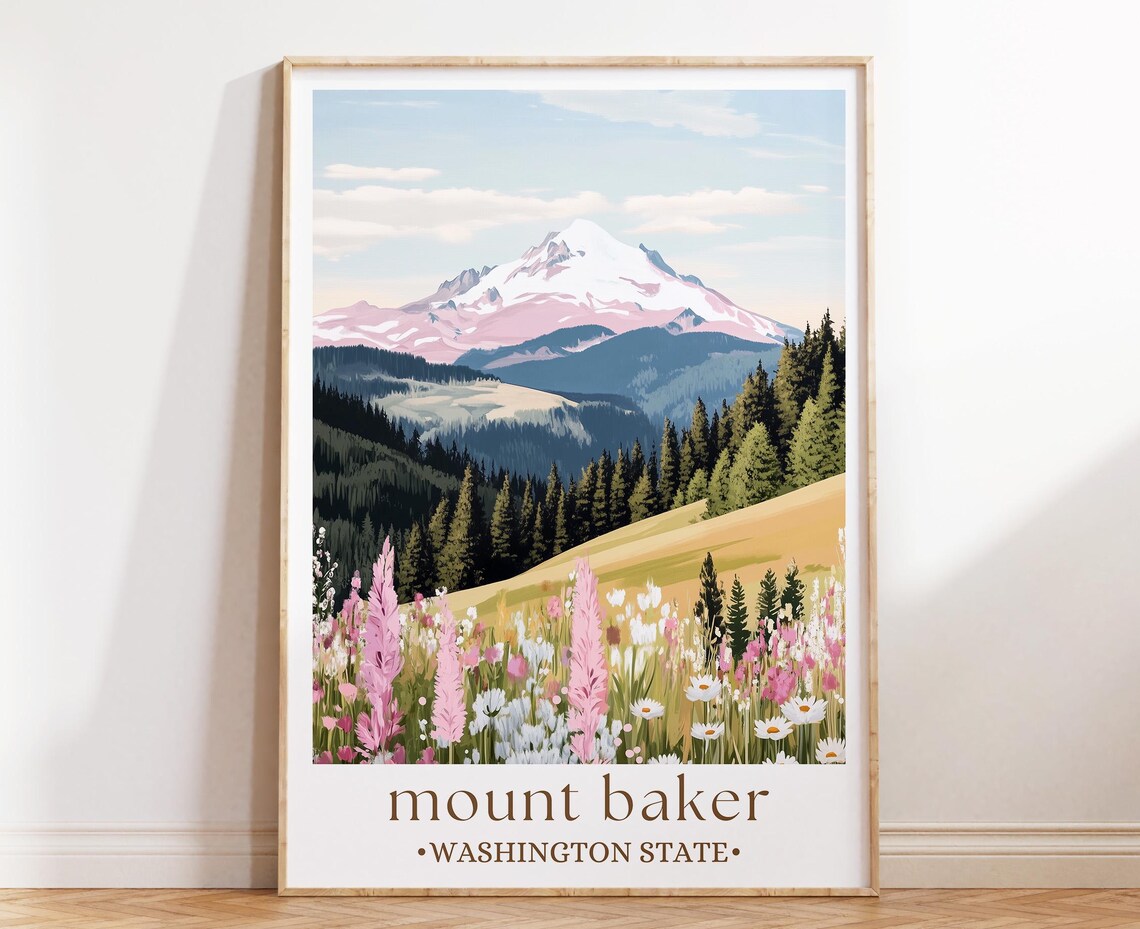 Mount Baker Illustrated Mountain Landscape Art Print