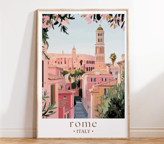 Rome Italy Ancient Arena Bell Tower Pink Streetscape Travel Poster