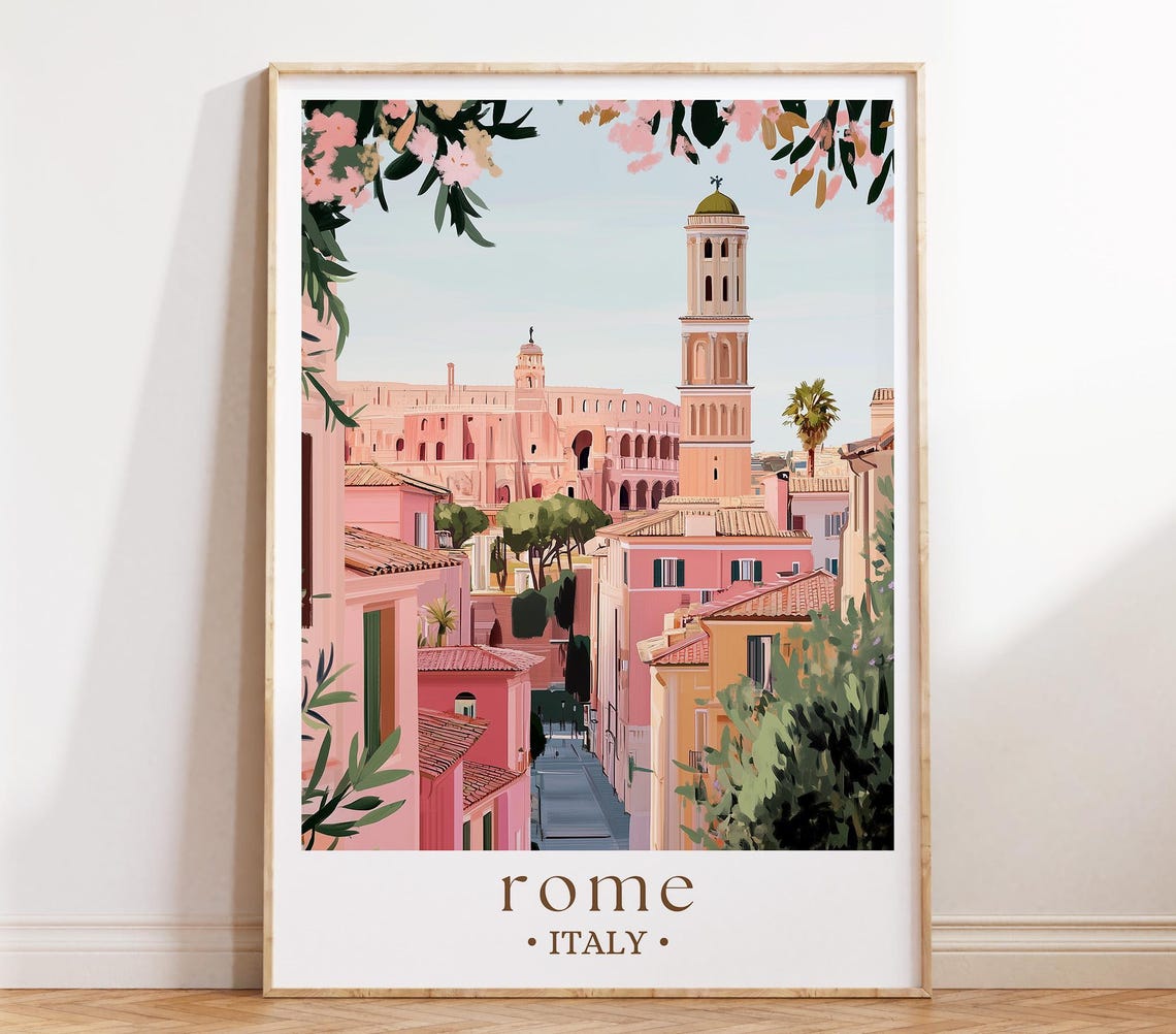 Rome Italy Ancient Arena Bell Tower Pink Streetscape Travel Poster