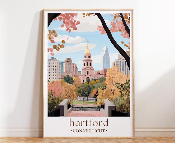 Hartford Connecticut Poster Gold Dome Capitol Autumn Park Skyline
