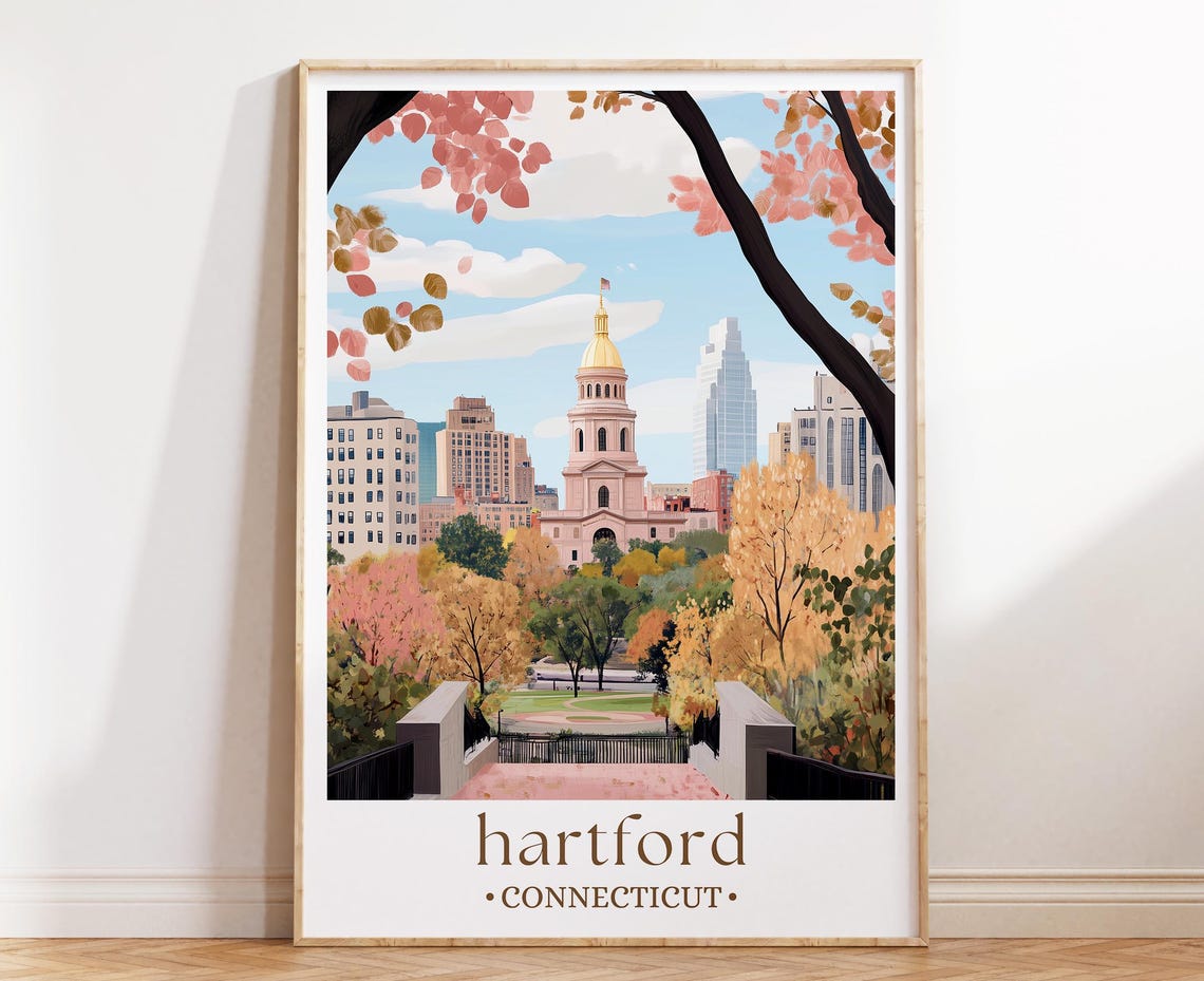 Hartford Connecticut Poster Gold Dome Capitol Autumn Park Skyline