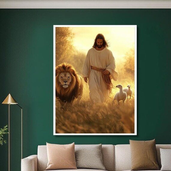 Jesus Walking With Lion and Lambs in Golden Morning Light Poster