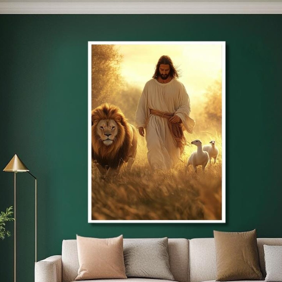 Jesus Walking With Lion and Lambs in Golden Morning Light Poster