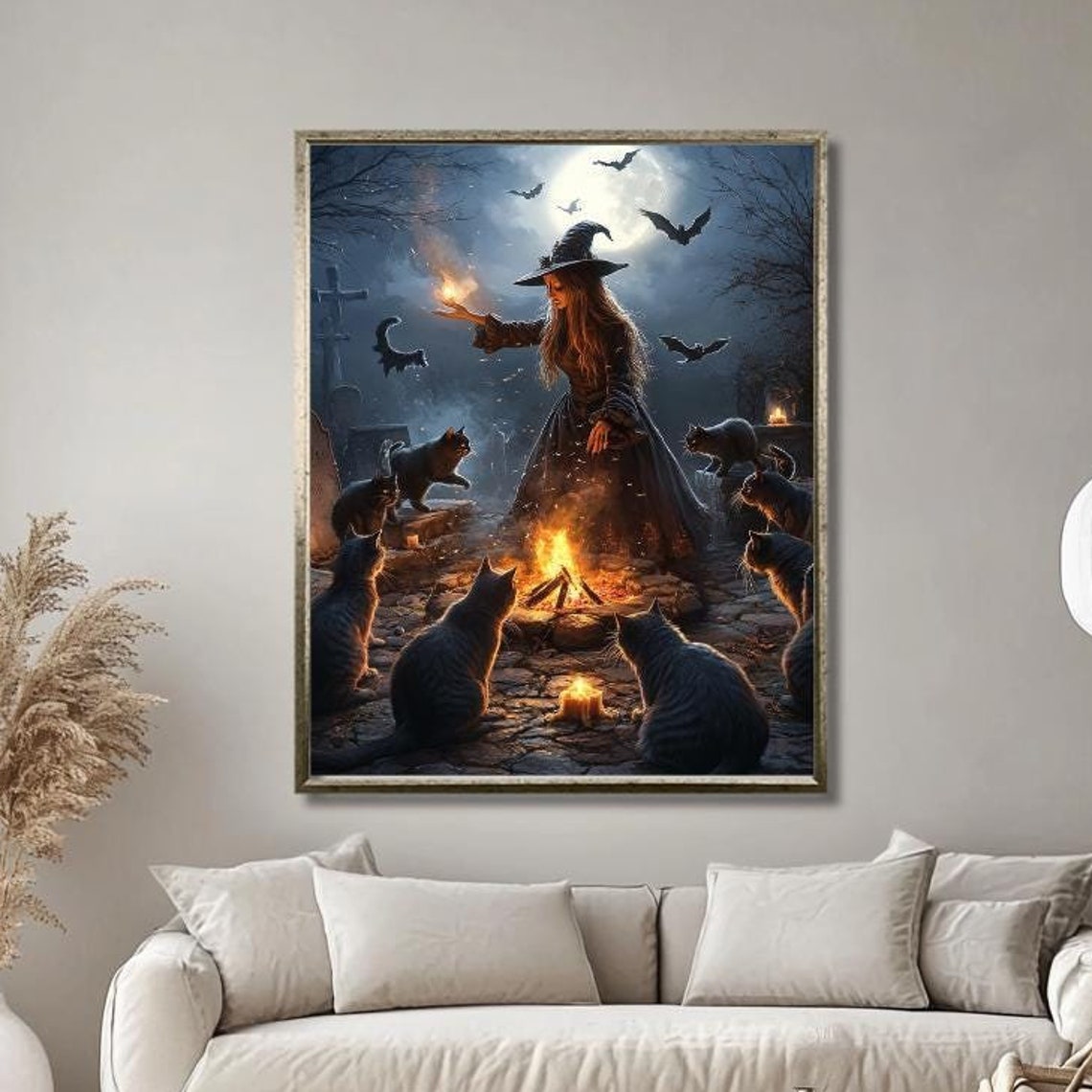 Witch With Black Cats Around a Campfire Under the Full Moon Poster