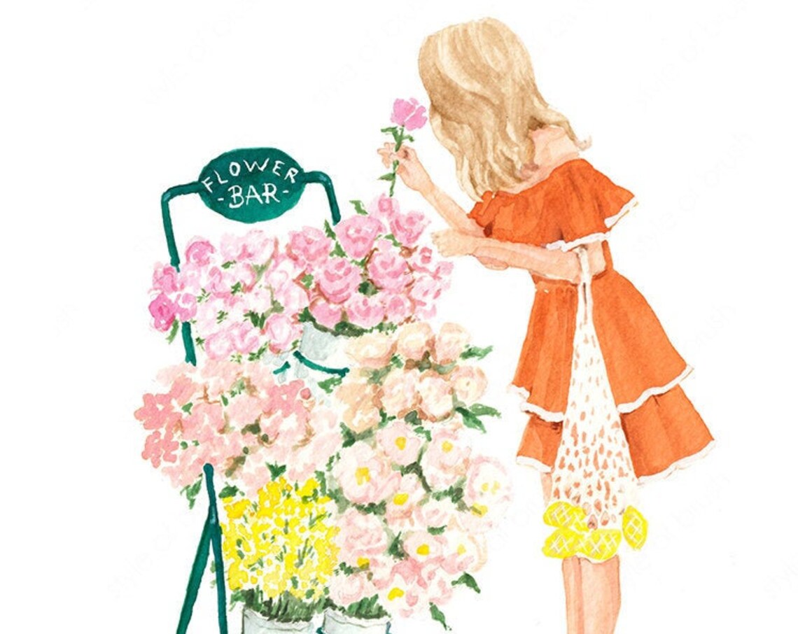 Woman in Rust Orange Dress at Flower Bar Picking Pink Roses Poster