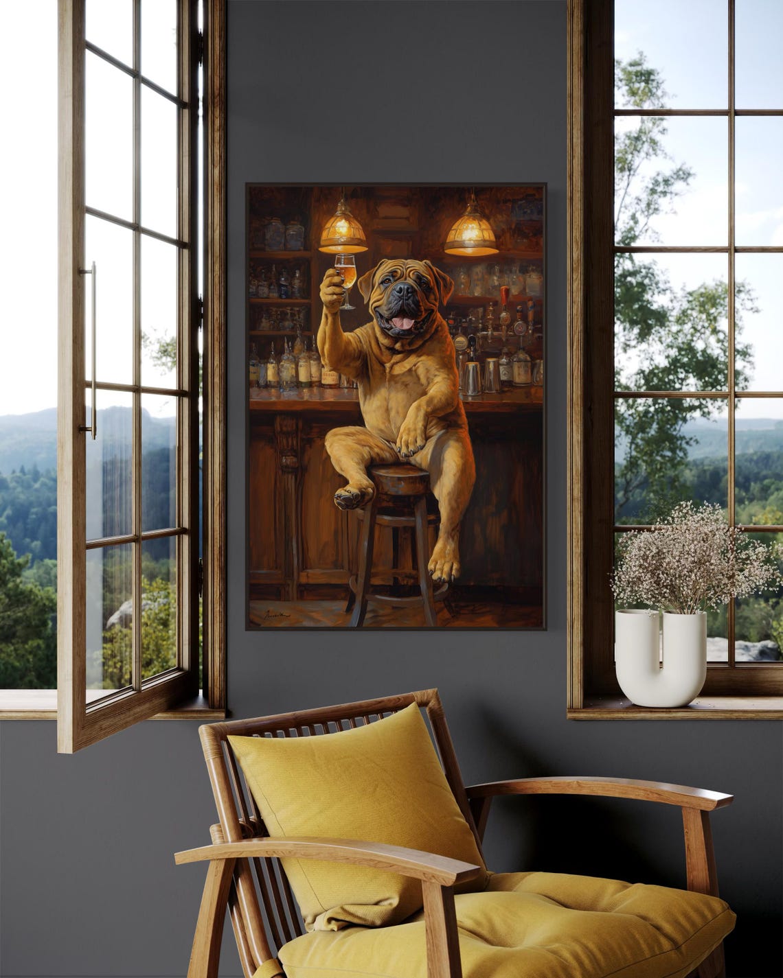 Mastiff Pub Dog Raising Beer Glass on Bar Stool Cheers Poster - Image 5