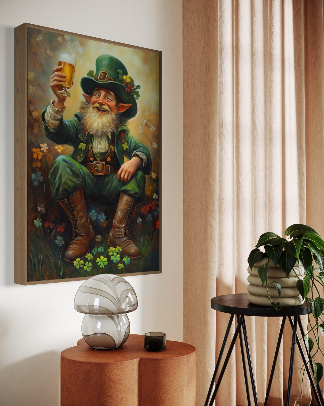 Cheerful Leprechaun Raising Beer Glass Among Shamrock Meadow Poster - Image 2